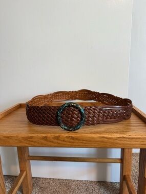 Braided Brown Leather Belt with Decorative Round Buckle